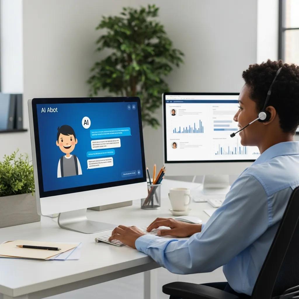 Customer service representative engaging with AI technology in a modern office