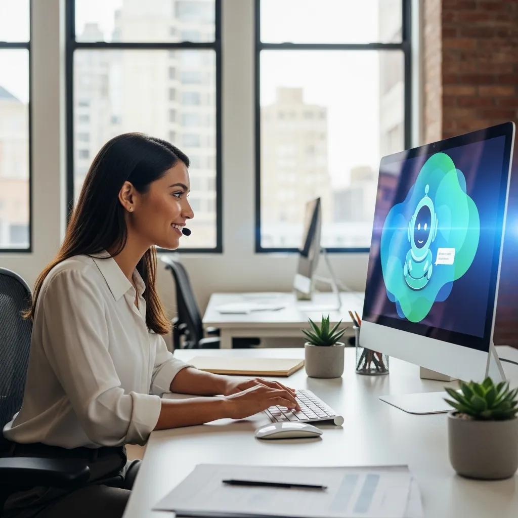 Representante de servicio al cliente usando tecnología de chatbot para soporte eficiente