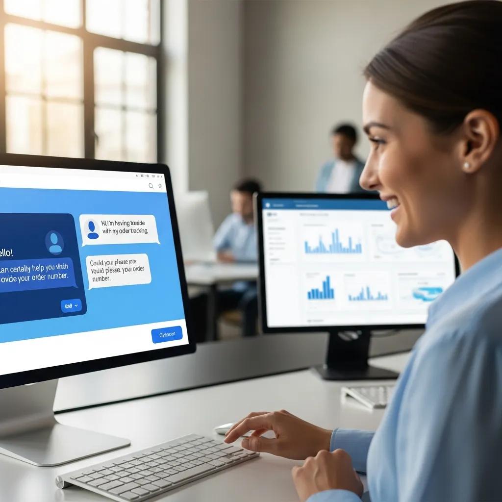 Representante de servicio al cliente usando tecnolog&iacute;a de chatbot para mejorar la interacci&oacute;n con clientes inmobiliarios