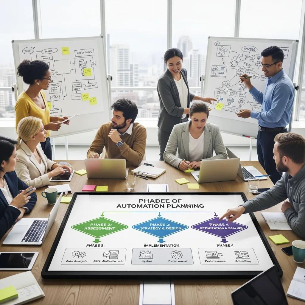 Equipo diverso colaborando en las fases de planificaci&oacute;n de automatizaci&oacute;n en una oficina moderna