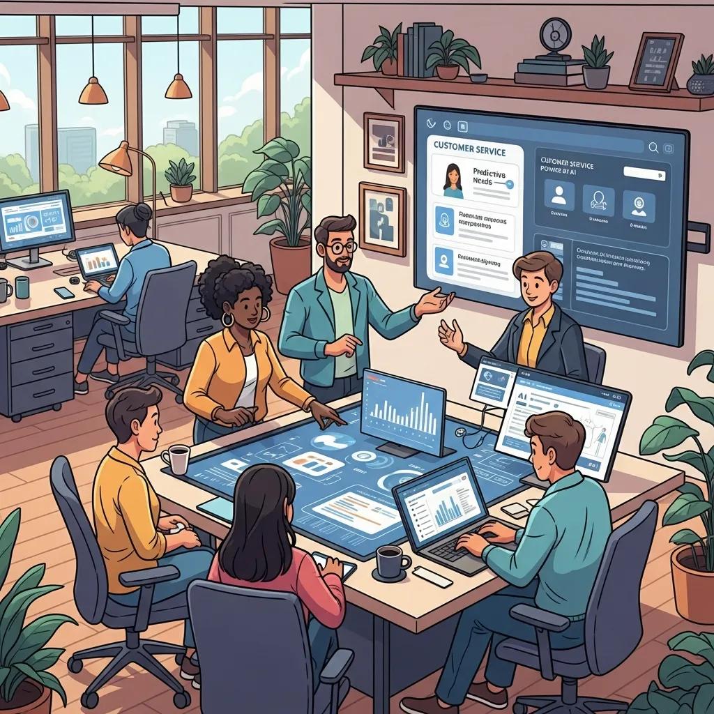 Equipo colaborando con herramientas de IA para mejorar la eficiencia empresarial