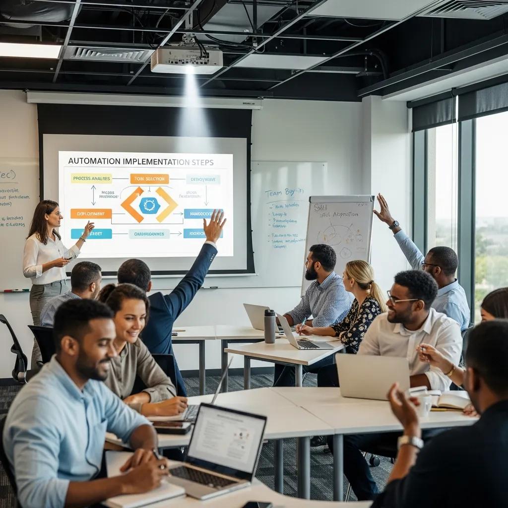 Empleados participando en una sesi&oacute;n de capacitaci&oacute;n sobre herramientas de automatizaci&oacute;n y gesti&oacute;n del cambio