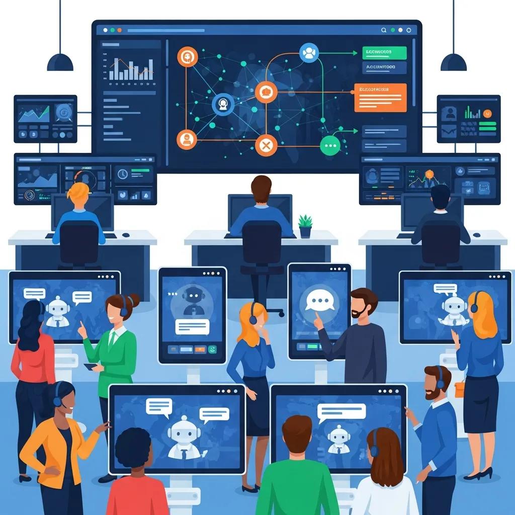 Ilustración de tecnologías IA como chatbots que mejoran la automatización del servicio al cliente