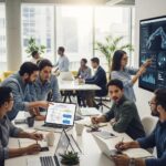 Modern office collaboration showcasing automation and AI in a vibrant workspace