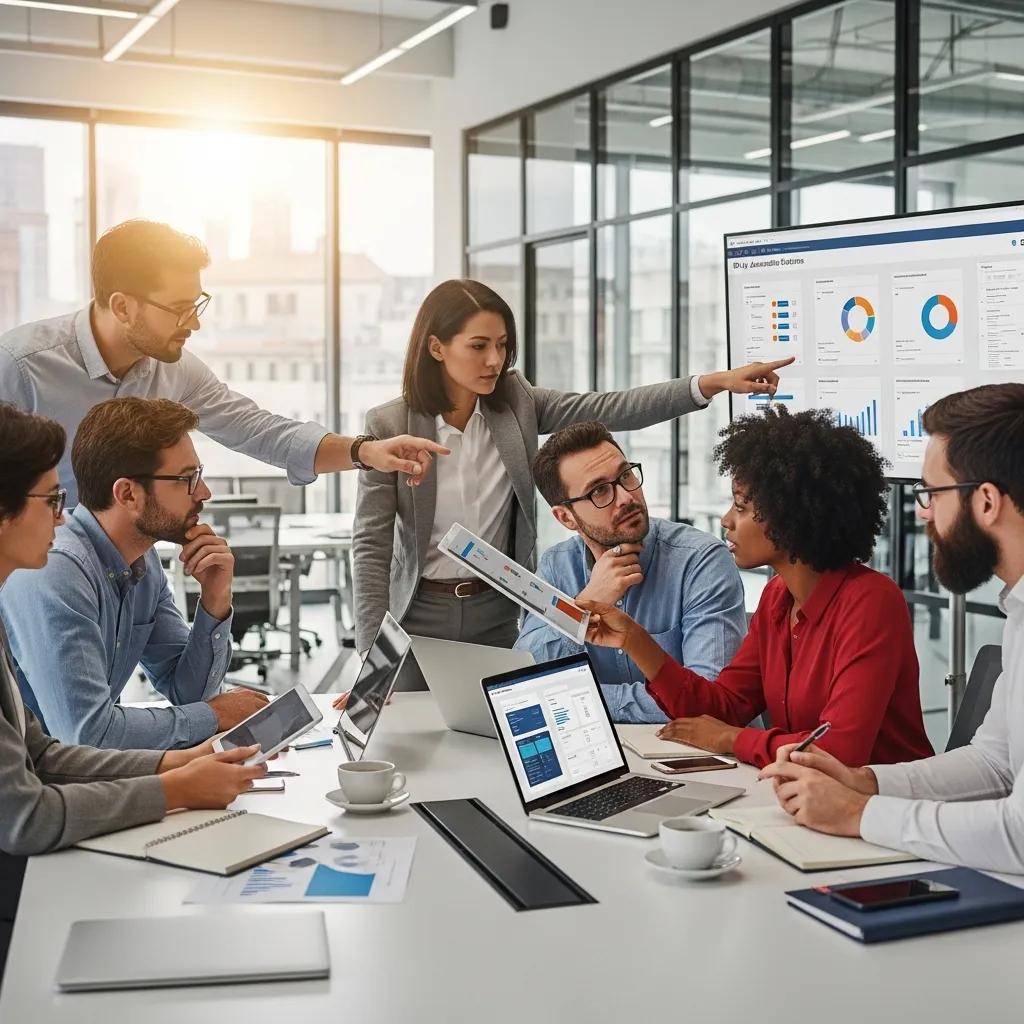 Profesionales evaluando plataformas de automatizaci&oacute;n en un entorno de oficina colaborativa