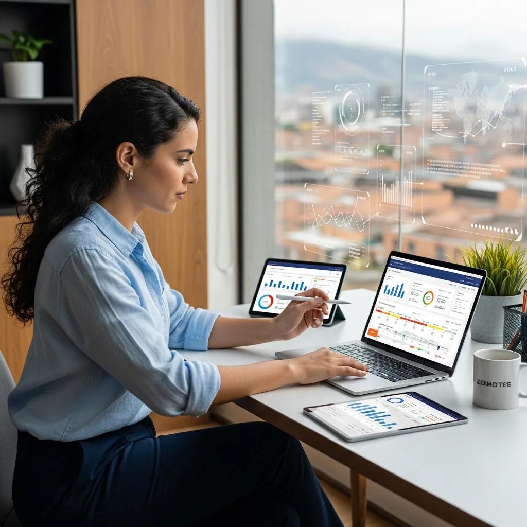 Small business owner in Colombia utilizing automation technology in a modern office