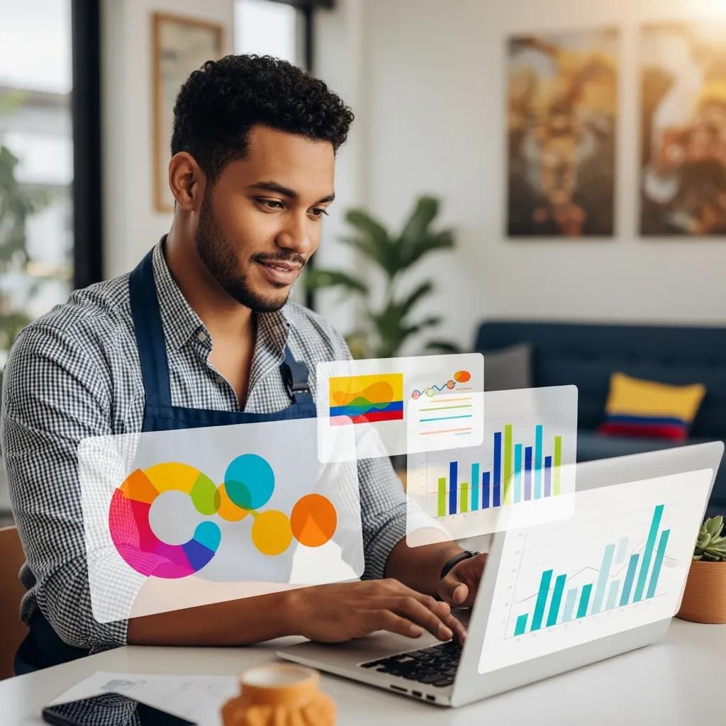 Small business owner in Colombia utilizing automation technology in a modern workspace