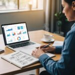 Small business owner utilizing AI tools for automation in a modern office