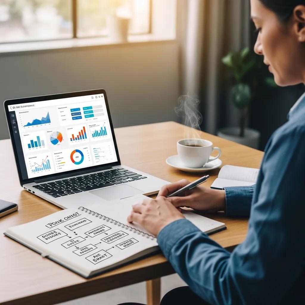 Small business owner utilizing AI tools for automation in a modern office