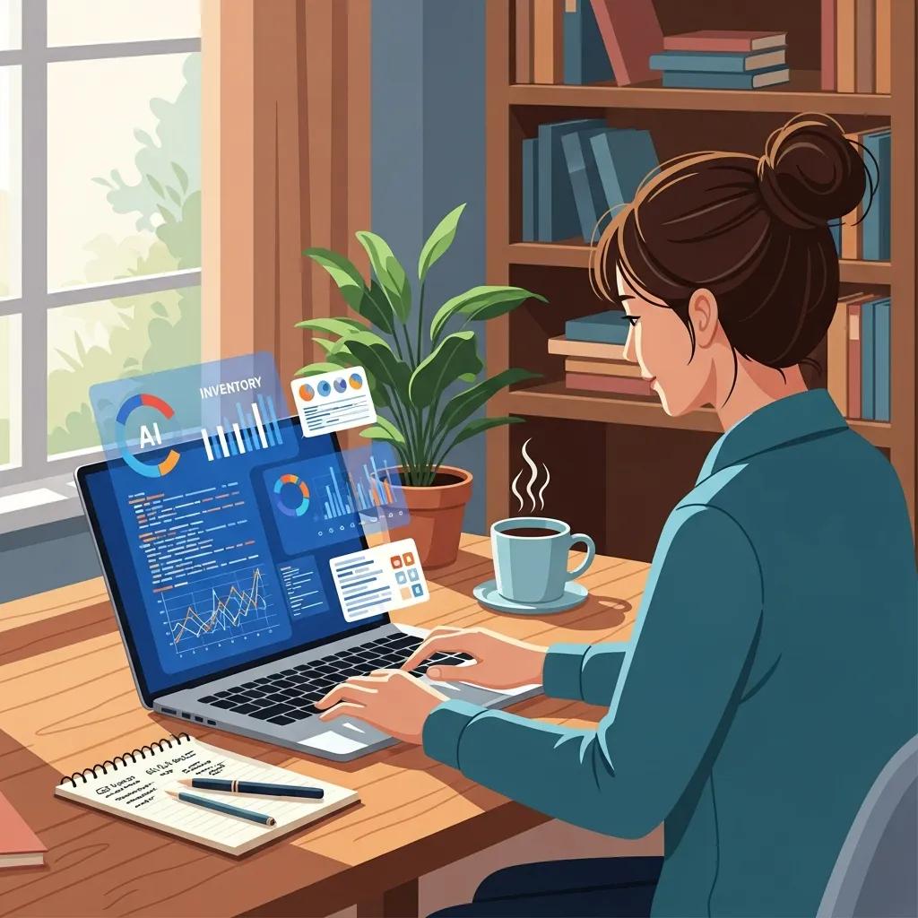 Propietario de Pyme usando herramientas de IA para optimizar procesos en una oficina acogedora