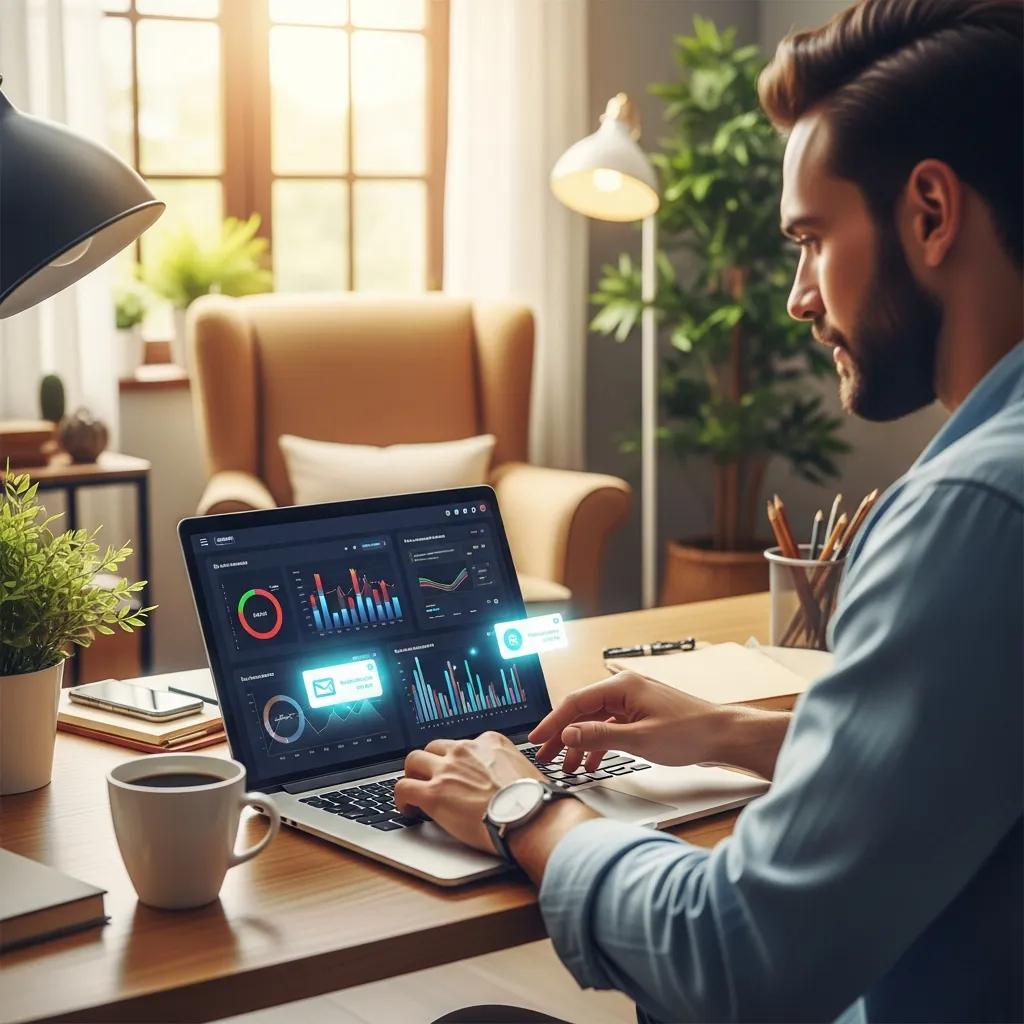 Small business owner utilizing digital marketing automation tools in a modern office