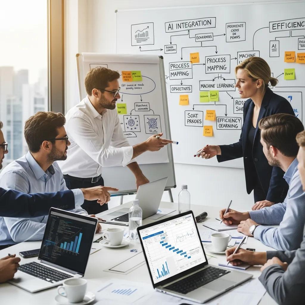 Equipo dise&ntilde;ando la optimizaci&oacute;n de procesos con IA en una reuni&oacute;n colaborativa