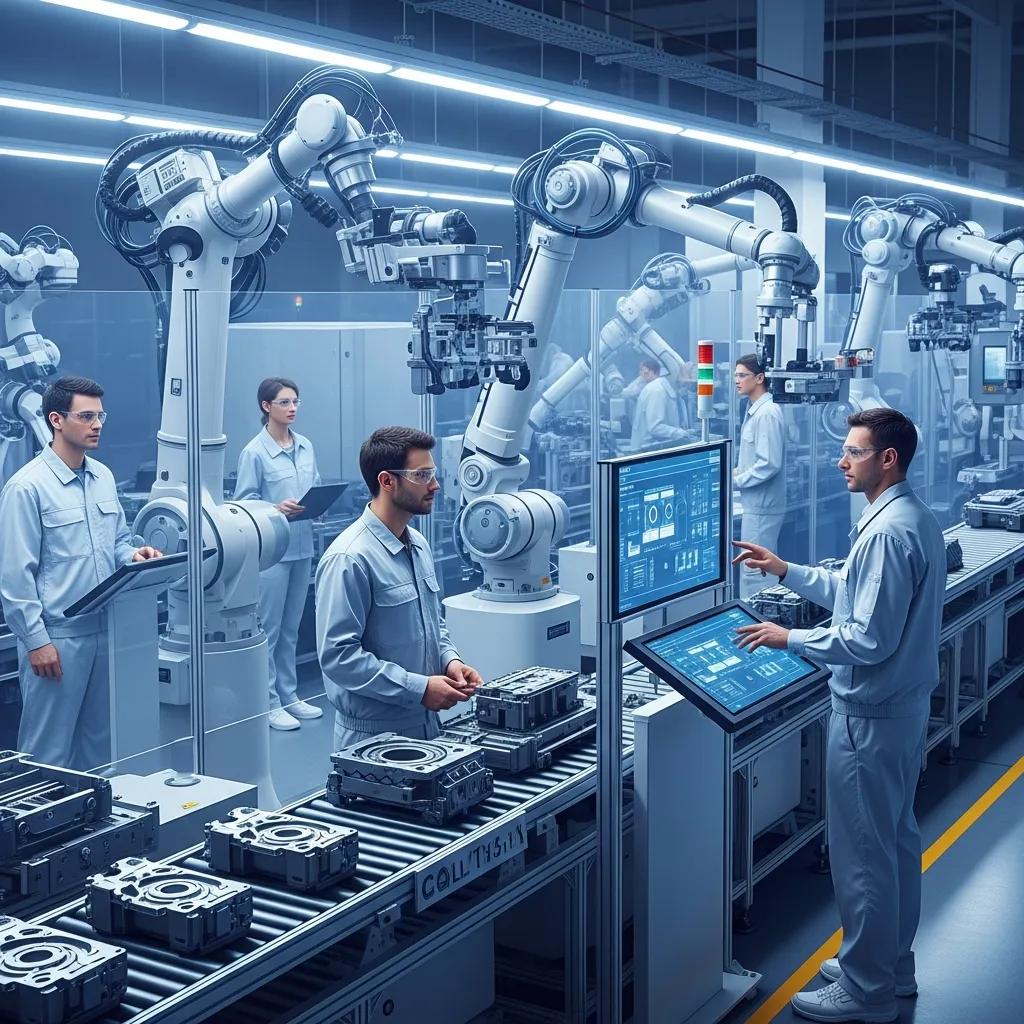 Brazos rob&oacute;ticos en una planta de producci&oacute;n demostrando eficiencia en procesos automatizados