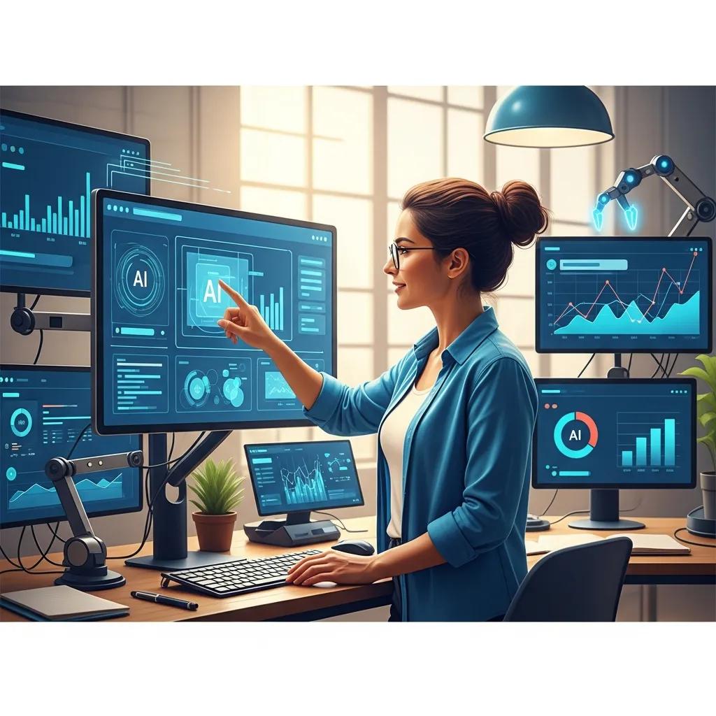 Small business owner in Colombia utilizing AI automation tools in a modern workspace